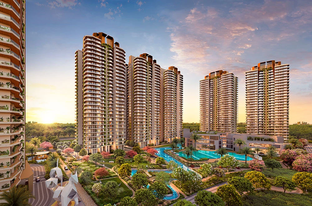 Developer visual of Cocoa County residential towers and landscaped gardens at sunset