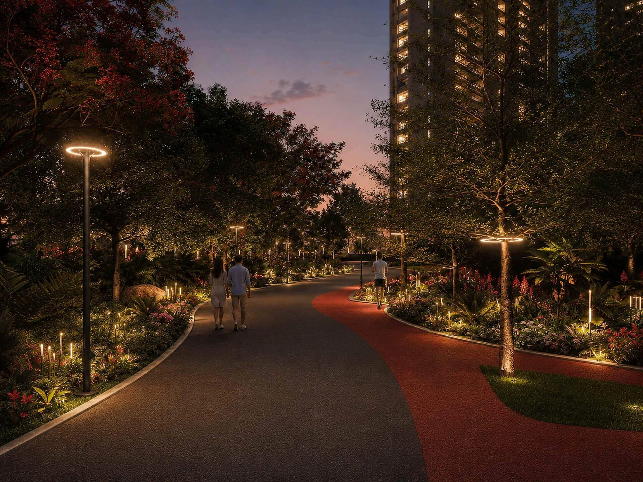 Grandstand developer visual of an illuminated landscaped pathway