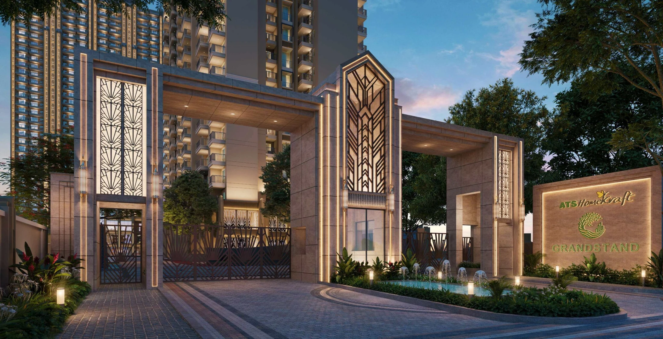 ATS Homekraft Grandstand developer visual of its illuminated entrance at dusk